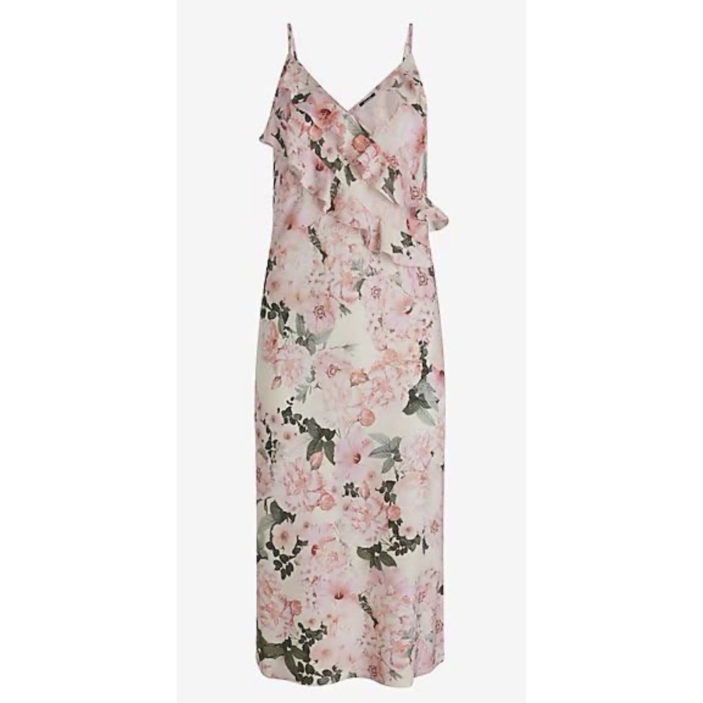 Express Y2K Pink Floral Ruffle Cami Midi Slip Dress Spaghetti Straps Size Large